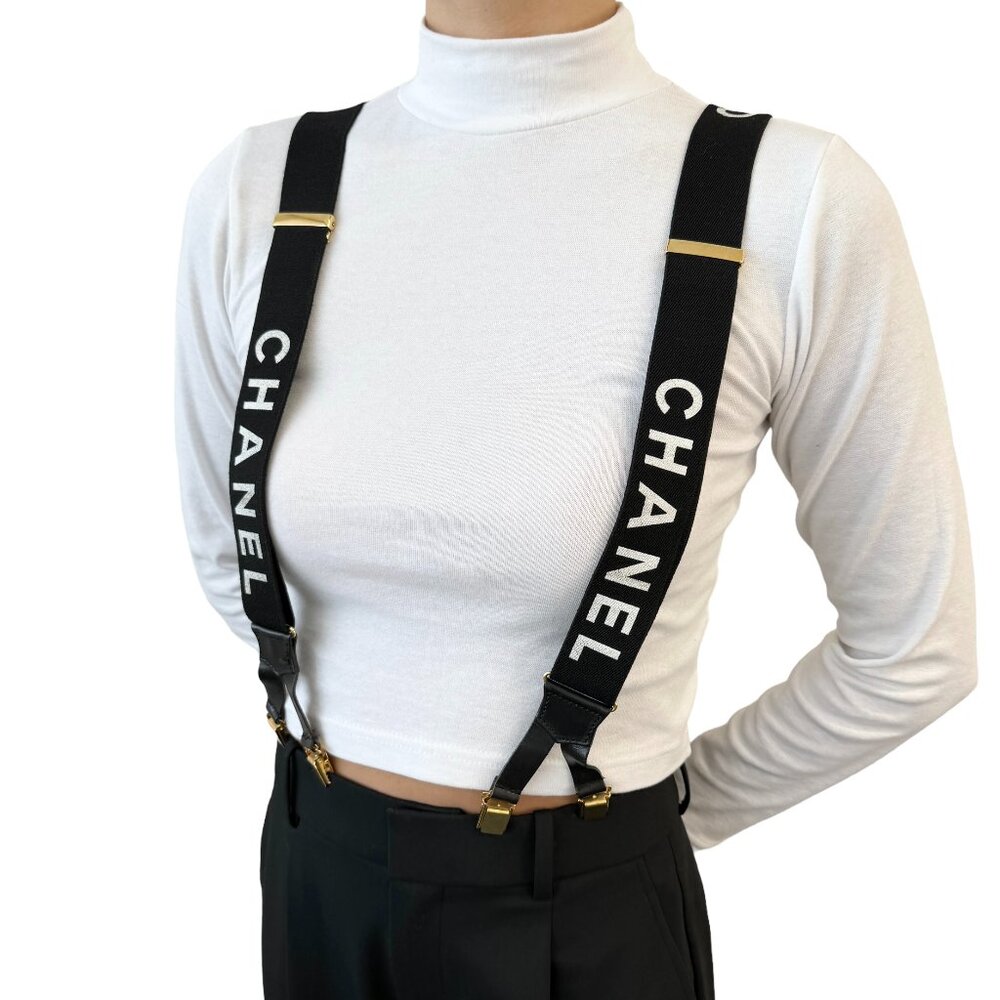CHANEL Vintage 1994 CC Logo Letter Suspender Belt Black White Cotton [106421]
